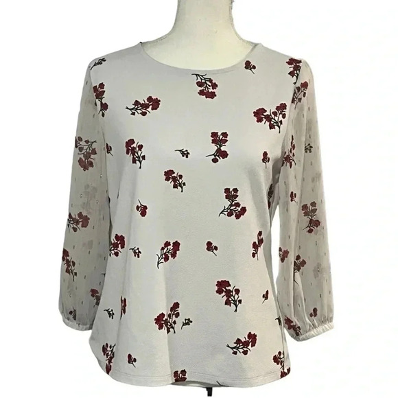 Elle size M cherry blossom pull over top with sheer sleeves EUC - Picture 1 of 10